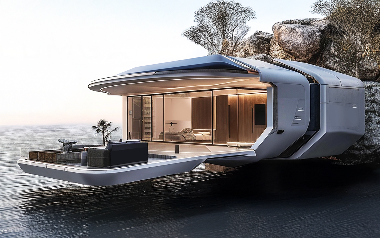 Modern modular home by LUMGA – a sleek, sustainable, and futuristic floating house concept designed for luxurious living on both land and water.