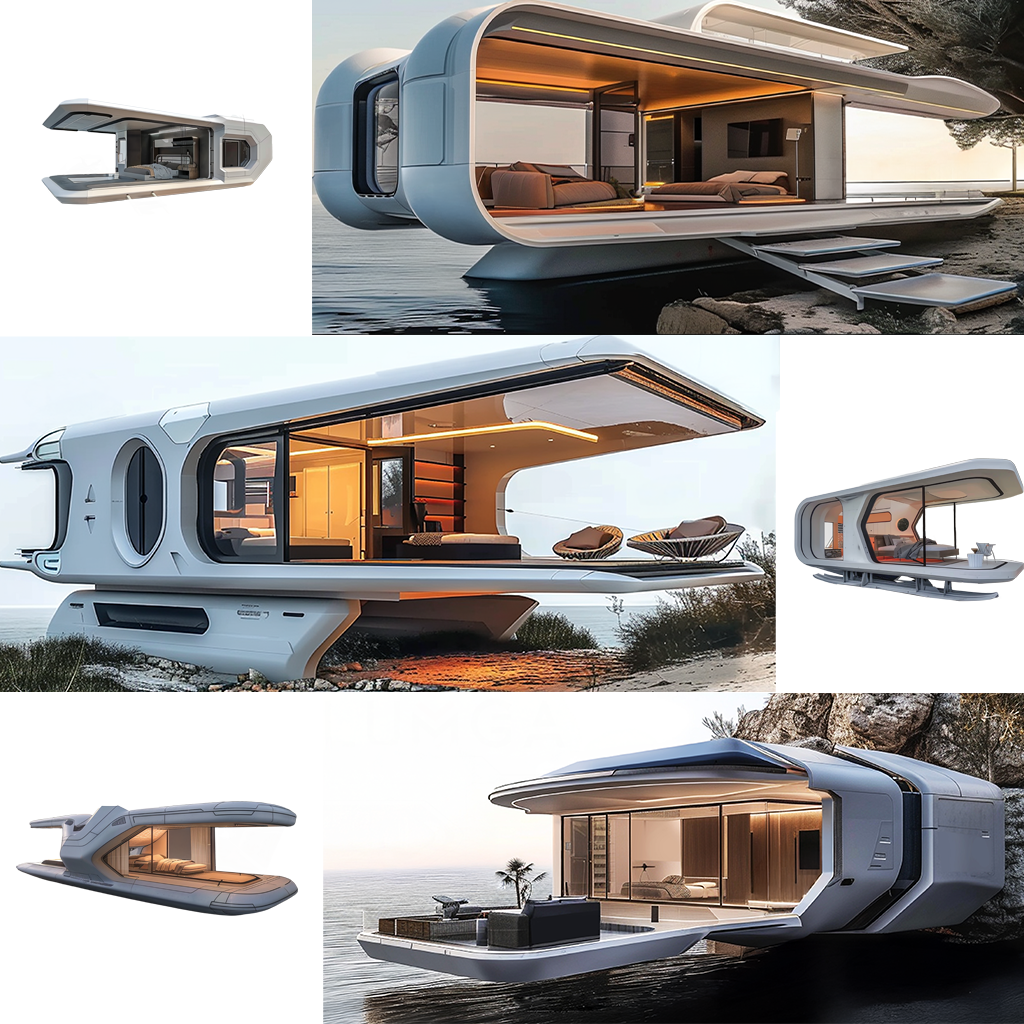 Modern modular home by LUMGA – a smart, sustainable, and futuristic floating house concept designed for luxury living on land and water.