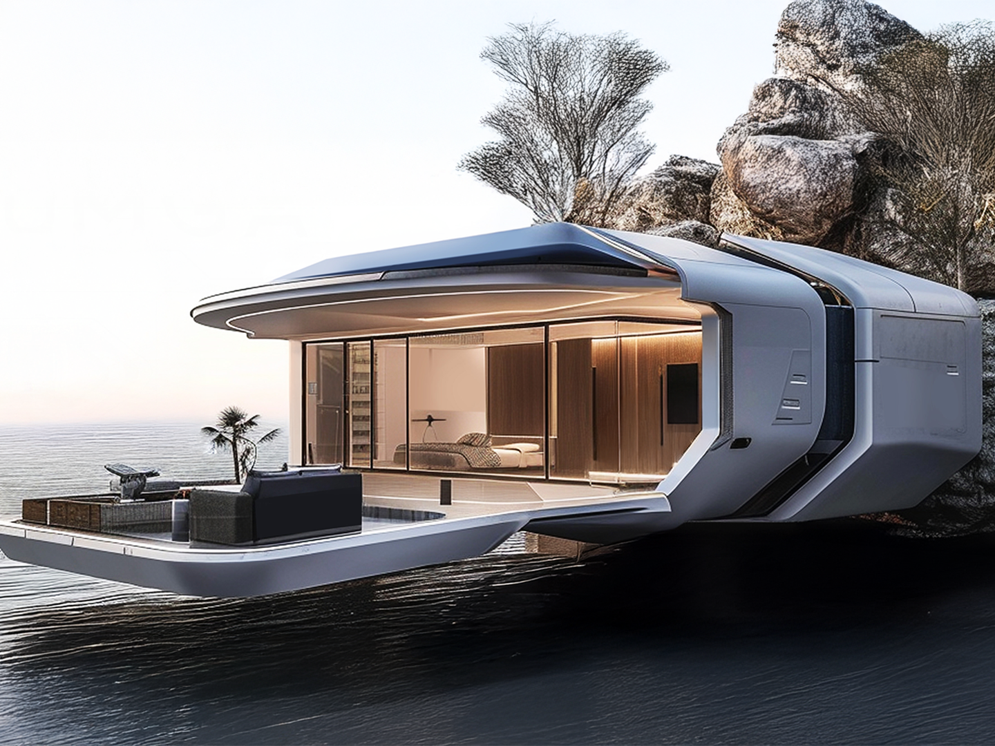 Modern modular home by LUMGA – a sleek, sustainable, and futuristic floating house concept designed for luxurious living on both land and water.