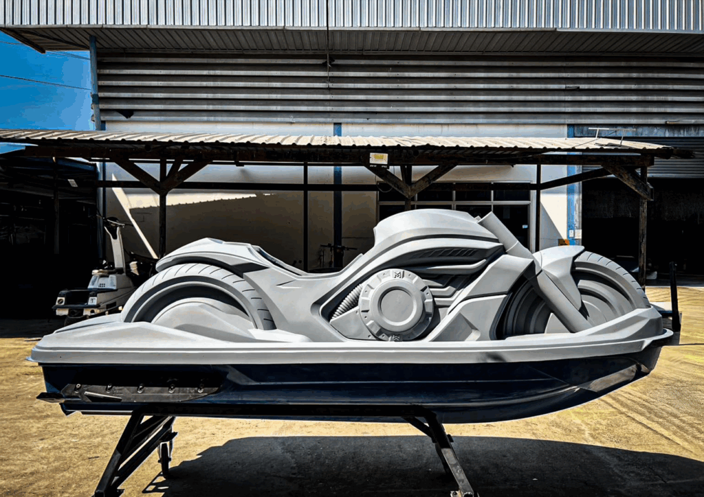 Futuristic watercraft combining motorcycle and jet ski