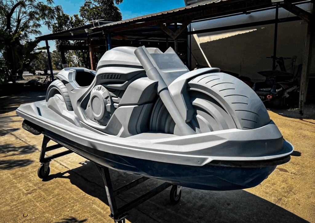 Custom-built Lumga jet ski bike parked before a tropical adventure