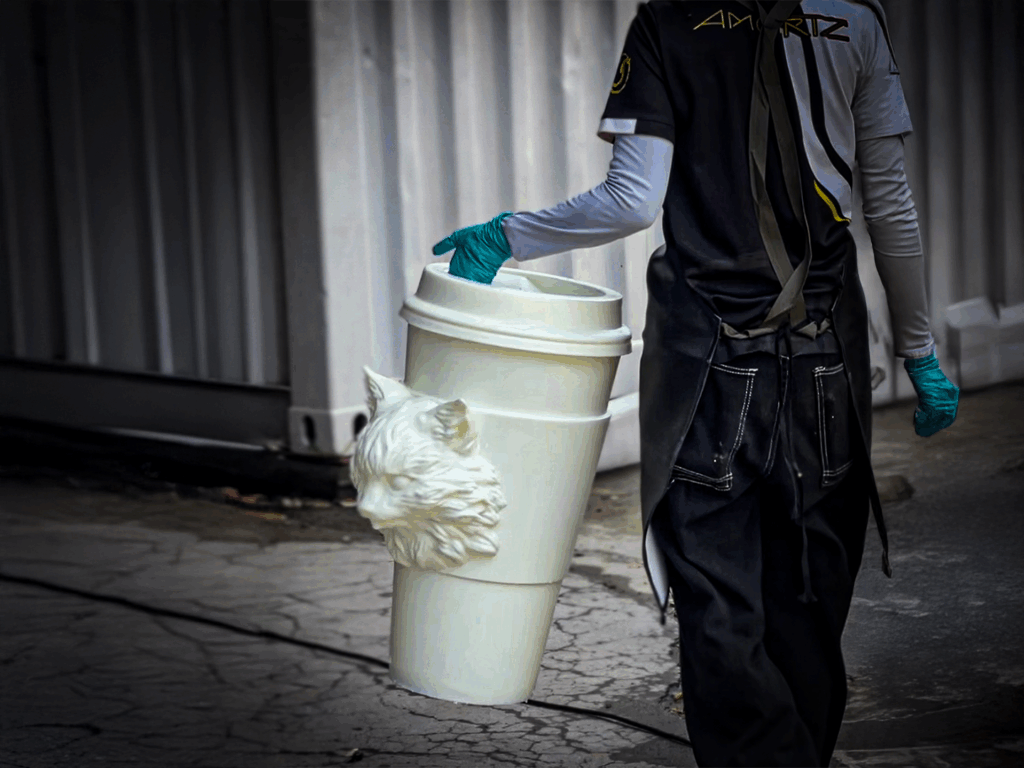 Detailed 3D printable cat face cup design created in CAD by Lumga