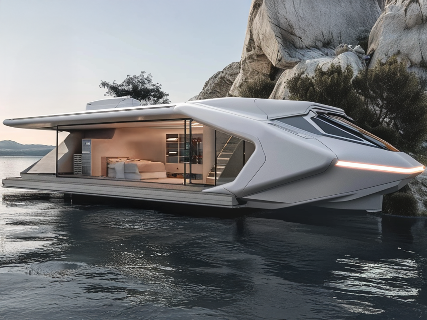 3D view of Lumga prefab floating house featuring lightweight foam structure and modular system.