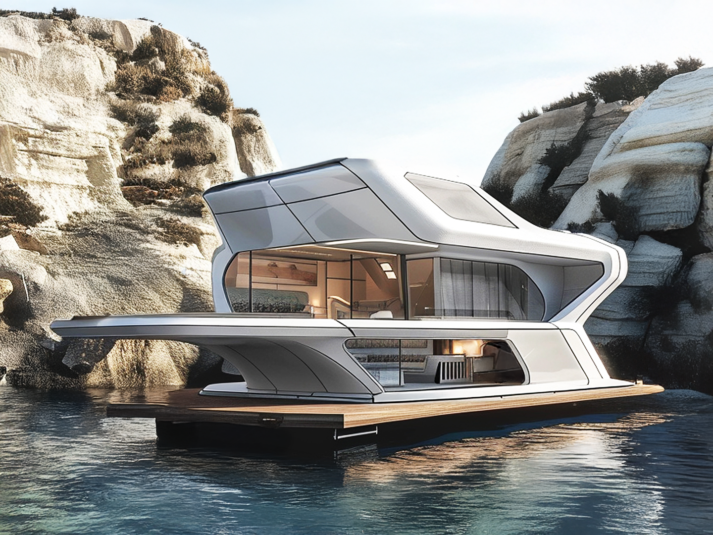 Lumga modular knockdown floating foam house with modern sustainable design on water.
