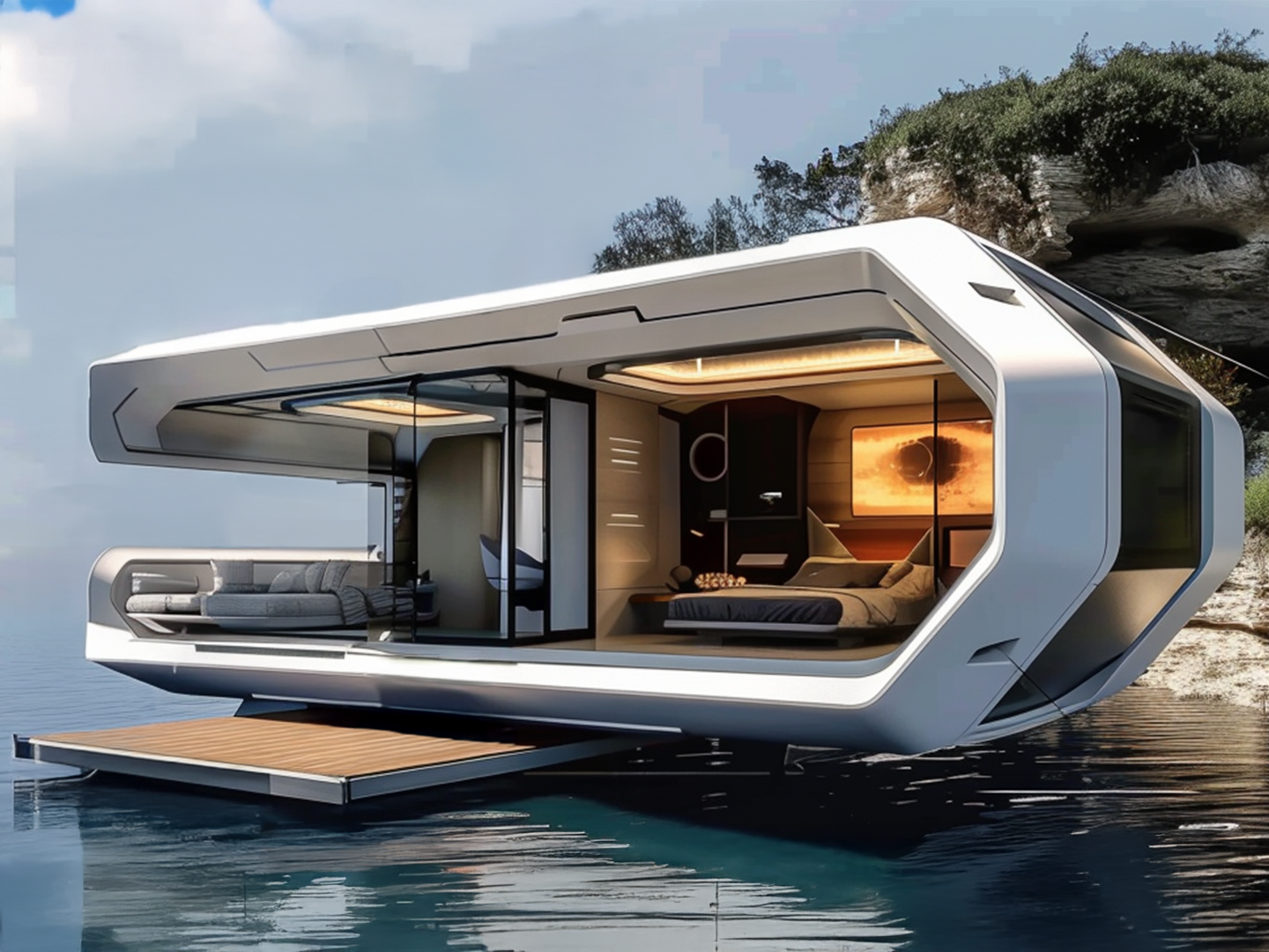 Eco-friendly Lumga knockdown home floating on calm water with modular structure.