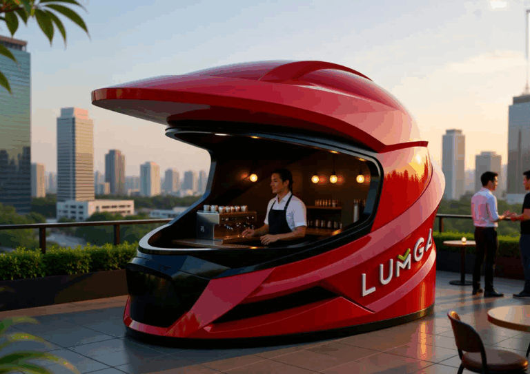 Modern modular prefab house with a futuristic motorcycle helmet design by Lumga.