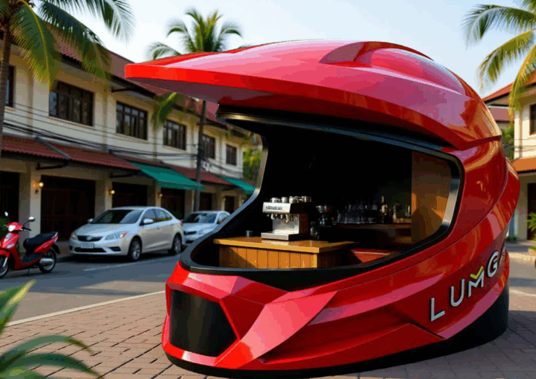 A red and black helmet-shaped knockdown house café designed and built by Lumga in Thailand.