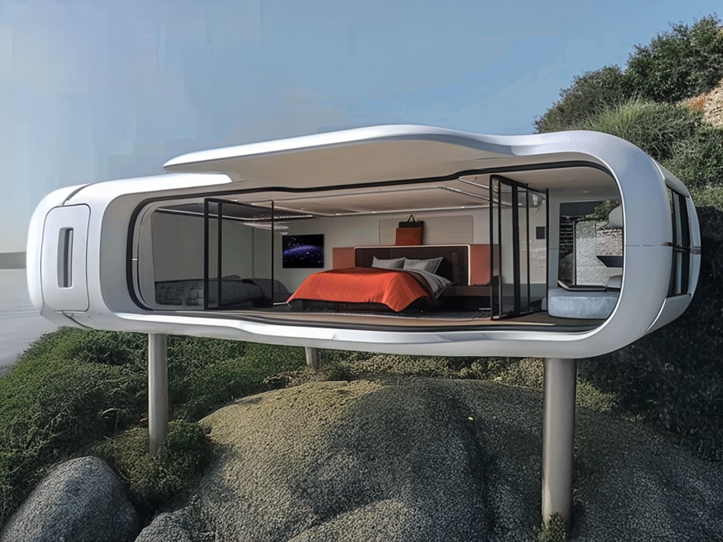 3D exterior view of Lumga prefab knockdown house surrounded by nature and greenery.