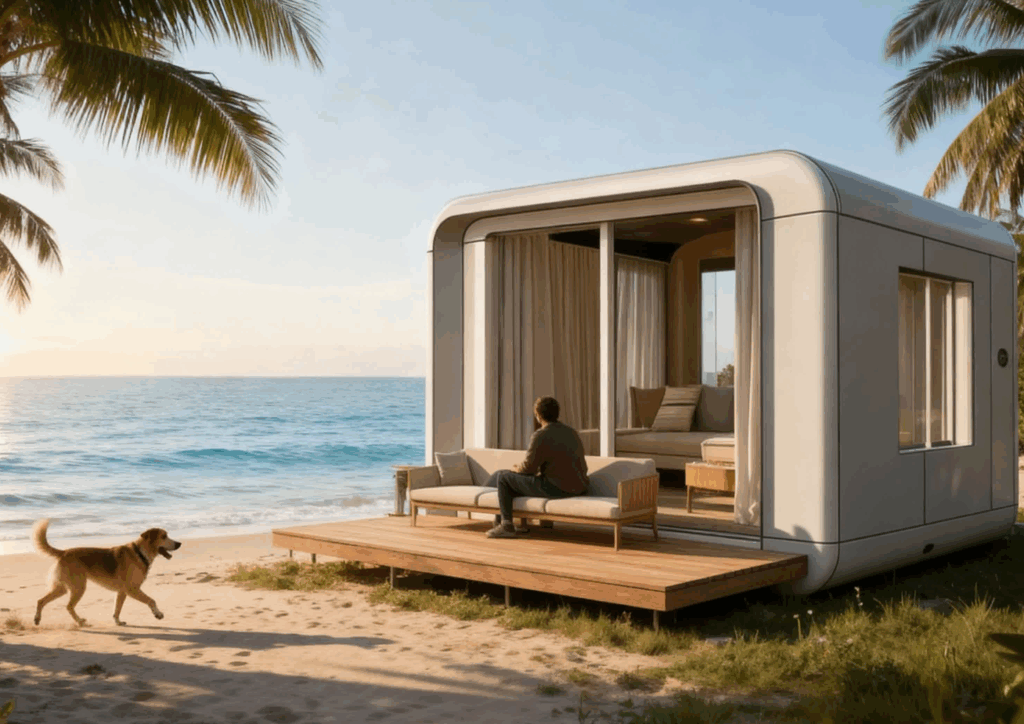 Lumga Modular Smart Home with panoramic glass windows surrounded by lush green hills.