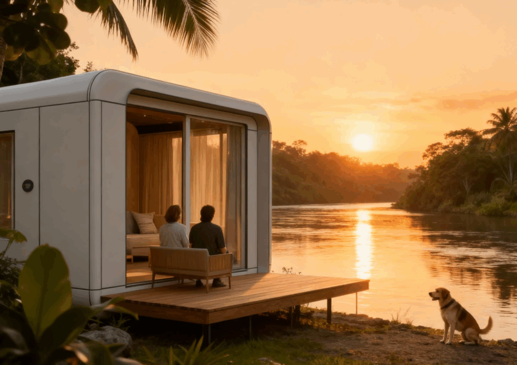 Modern Lumga cabin for off-grid living, featuring sleek architecture and natural views.